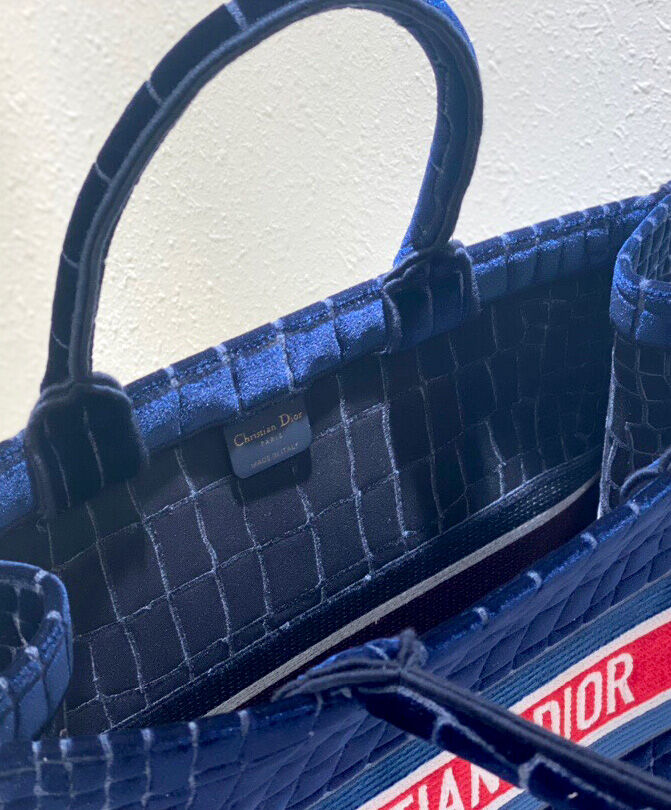 Christian Dior Book Tote Crocodile-Effect Embroidered Velvet Canvas Dark Blue